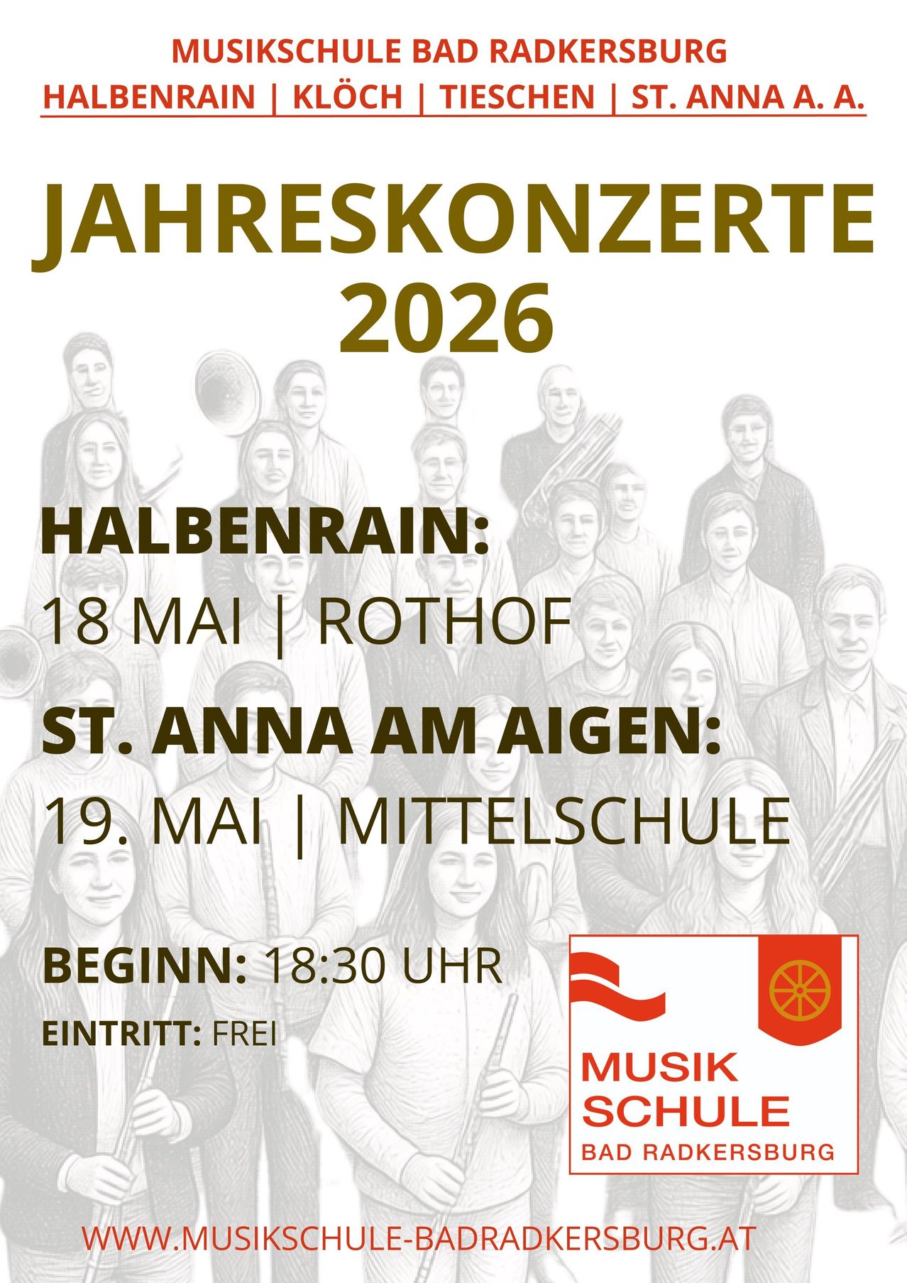 Plakat für Jahreskonzerte 2026. Halbenrain am 18. Mai im Roten Dach. St. Anna am Aigen am 19. Mai in der Mittelschule. Beginn um 18:30 Uhr. Eintritt frei. Enthält ein Logo für Musik.