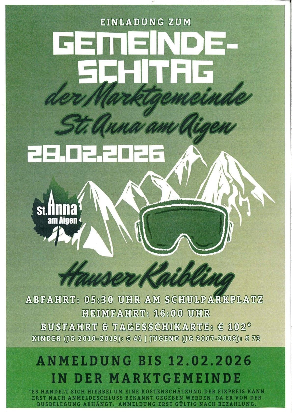 Plakat für einen Skitag in St. Anna am Aigen, 28.02.2026. Es zeigt eine grüne Skimaske, Berge und Text über Abfahrts-, Rückkehrzeiten und Ticketpreise.