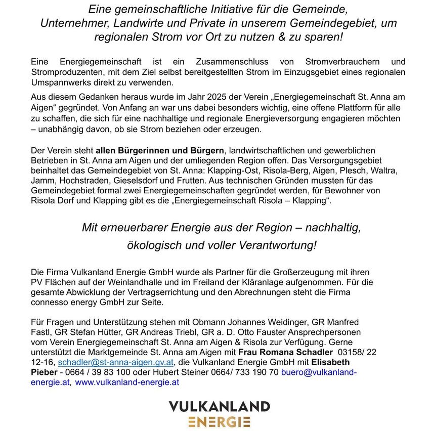 Eine gemeinschaftliche Initiative für die Gemeinde, Unternehmen, Landwirte und Privatpersonen in unserem Gemeindegebiet, um regionalen Strom vor Ort zu nutzen & zu sparen!