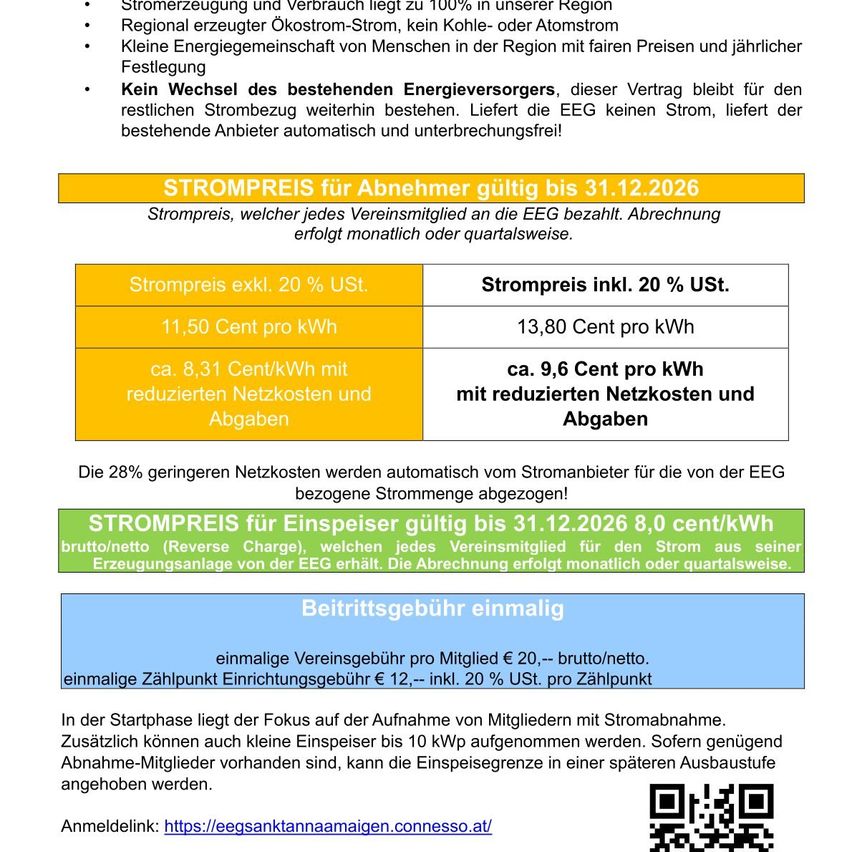 Ein Infografik über die Vorteile einer regionalen Energiegenossenschaft, einschließlich 100% lokaler Energieproduktion, regionaler kohlefreier und atomfreier Elektrizität, und fairer Preise. Es hebt auch die Stabilität der Energieversorgung und die Abwesenheit eines Wechsels des Energieversorgers hervor. Zusätzlich bietet es Informationen über den Strompreis für Mitglieder bis zum 31.12.2026 und die reduzierten Netzkosten und Gebühren.