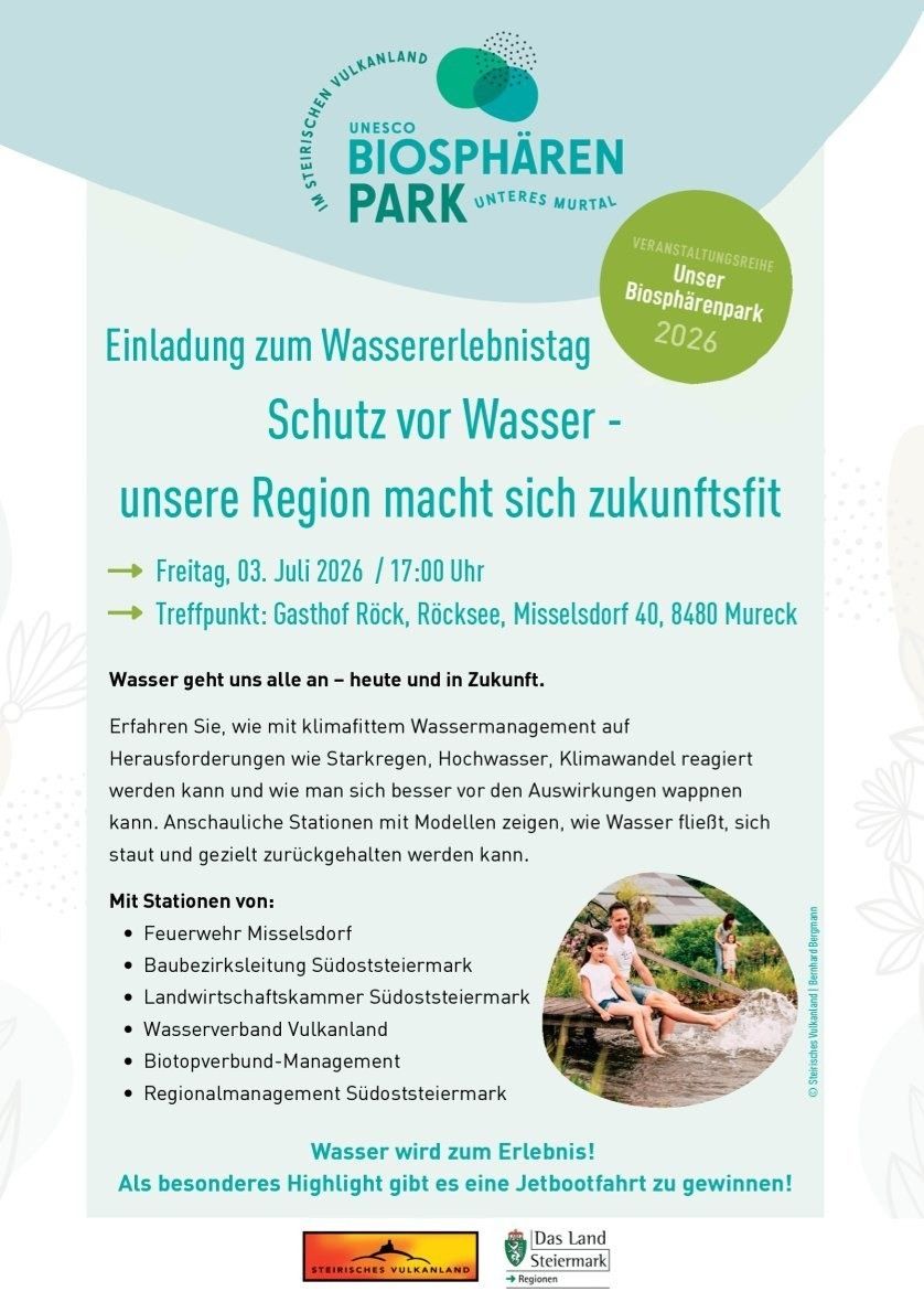 Plakat für einen Wassererlebnistag im Gasthof Rock in Misselsdorf, 3. Juli 2026. Stationen zeigen Wassermanagementlösungen.