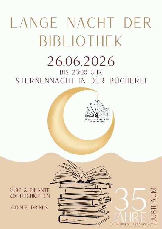 Plakat für die Lange Nacht der Bibliothek mit Halbmond, Büchern und Bibliothekslogo. Datum: 26.06.2026 bis 23:00 Uhr. Bietet süße und pikante Köstlichkeiten und coole Getränke.