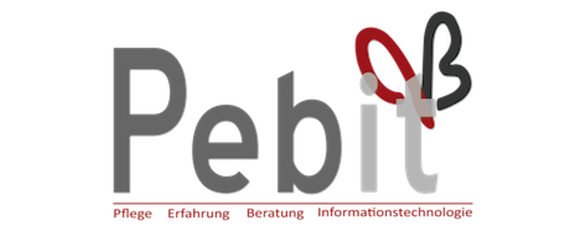 Das Pebit-Logo mit dem Wort Pebit in grauer Schrift und einem roten und schwarzen Symbol darüber. Unter dem Wort Pebit steht 'Pflege Erfahrung Beratung Informationstechnologie'.