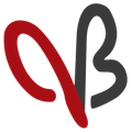 Ein rotes und graues Logo auf schwarzem Hintergrund. Das Logo besteht aus dem Buchstaben 'B' und einer roten Kurve.