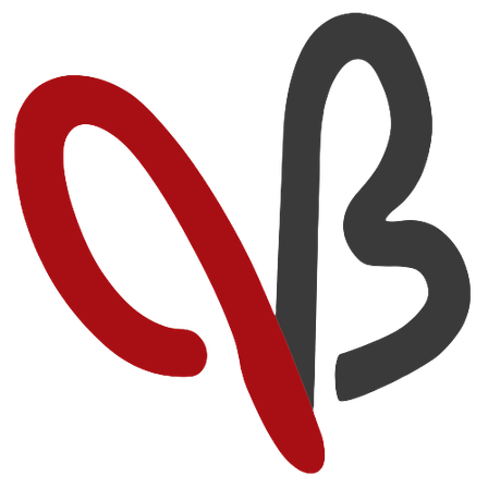 Ein rotes und graues Logo auf schwarzem Hintergrund. Das Logo besteht aus dem Buchstaben 'B' und einer roten Kurve.