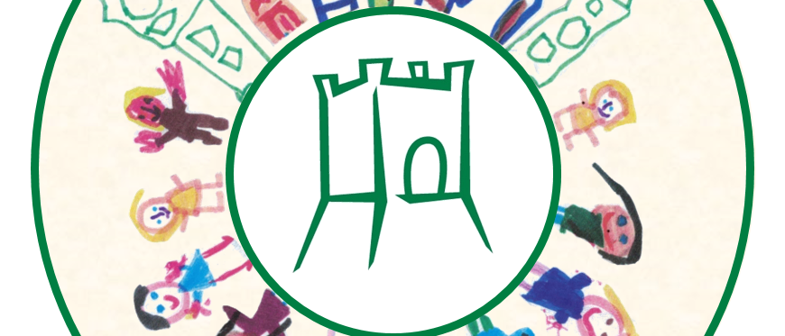 Eine runde Zeichnung mit grünem Rand zeigt Kinder, die sich an den Händen halten und ein Schloss in der Mitte umgeben. Um sie herum befinden sich Raketen und andere Gebäude.