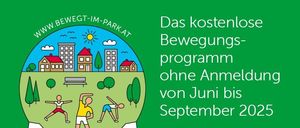 Dieser Flyer bewirbt ein Parkprogramm ohne Anmeldung von Juni bis September 2025. Aktivitäten umfassen Spaziergänge, Power-Fitness, Yoga und Pilates. Orte und Zeiten sind aufgelistet, zusammen mit der Website für weitere Informationen.