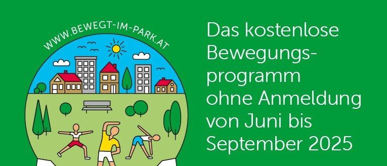 Dieser Flyer bewirbt ein Parkprogramm ohne Anmeldung von Juni bis September 2025. Aktivitäten umfassen Spaziergänge, Power-Fitness, Yoga und Pilates. Orte und Zeiten sind aufgelistet, zusammen mit der Website für weitere Informationen.