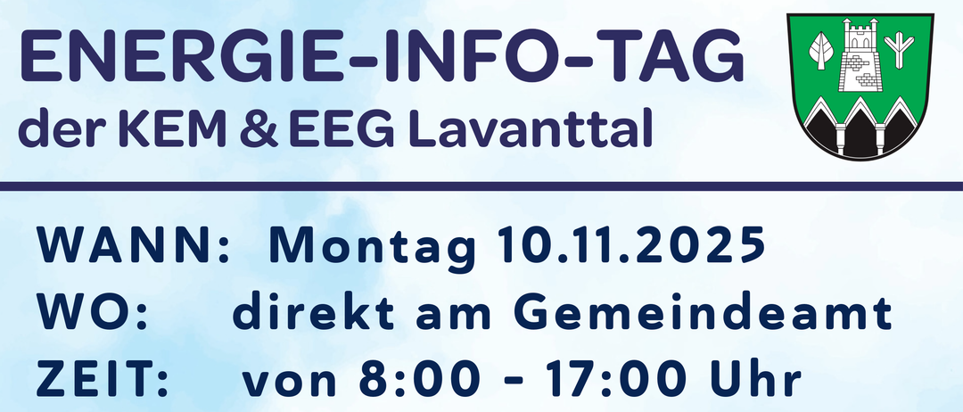 Eine Ankündigung für eine Energieberatung am 10. November 2025 von 8:00 bis 17:00 im Gemeindeamt. Es bietet Informationen zu aktuellen Fördermitteln, Heizungssystemen und Energiespartipps. Der EEG-Lavanttal-Bereich behandelt die Funktionsweise der Energiegemeinschaft, Einsparungen bei Stromkosten und Vorteile für Mitglieder. Eine Terminvereinbarung wird empfohlen.
