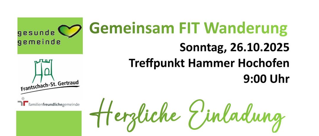 Plakat für eine geführte Wanderung, organisiert von Naturfreunde Frantschach-St. Gertrud. Treffpunkt Hammer Hochofen um 9:00 Uhr. Die Route führt durch Hecherwald zum Bergbauzentrum Hinterwölz mit verschiedenen Sehenswürdigkeiten. Die Dauer beträgt etwa 4 Stunden. Anmeldung erforderlich beim Gemeindeamt.