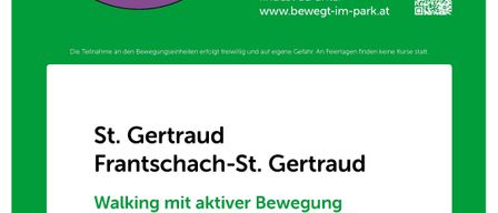 Das 'Bewegt im Park'-Programm bietet Bewegungsspaziergänge. Es läuft von Juni bis September 2026, jeden Dienstag, 08.30-09.30, in Frantschach 46. Organisiert von ASKö CAG Kärnten. QR-Code für mehr Infos.