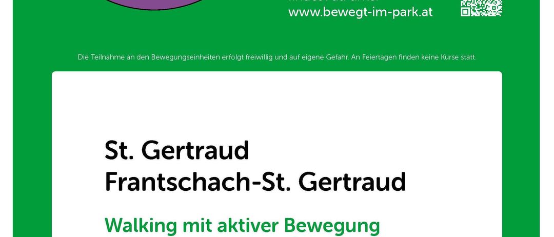 Das 'Bewegt im Park'-Programm bietet Bewegungsspaziergänge. Es läuft von Juni bis September 2026, jeden Dienstag, 08.30-09.30, in Frantschach 46. Organisiert von ASKö CAG Kärnten. QR-Code für mehr Infos.