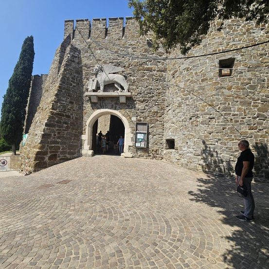 Eine Person steht in der Nähe eines historischen Steinbogens mit einer geflügelten Löwenstatue darüber. Der Eingang führt in einen Innenhof mit gepflastertem Boden. Einige Leute betreten den Bogen.