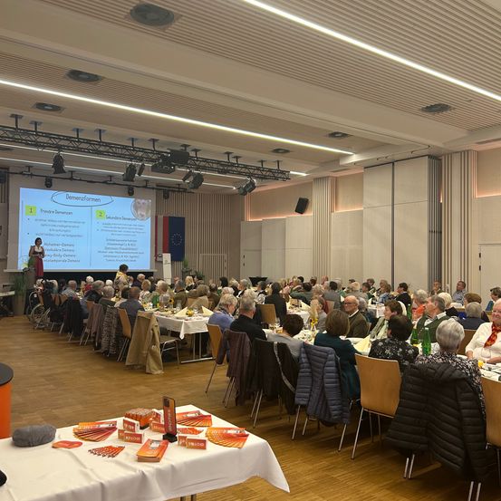 Ein Konferenzraum mit einer Projektionsleinwand auf der linken Seite, die 'Demenzformen' anzeigt. Die Teilnehmer sitzen an Tischen, einige mit Jacken auf den Stuhlrücken. Eine Frau steht an einem Rednerpult auf der linken Seite und spricht die Zuhörer an.