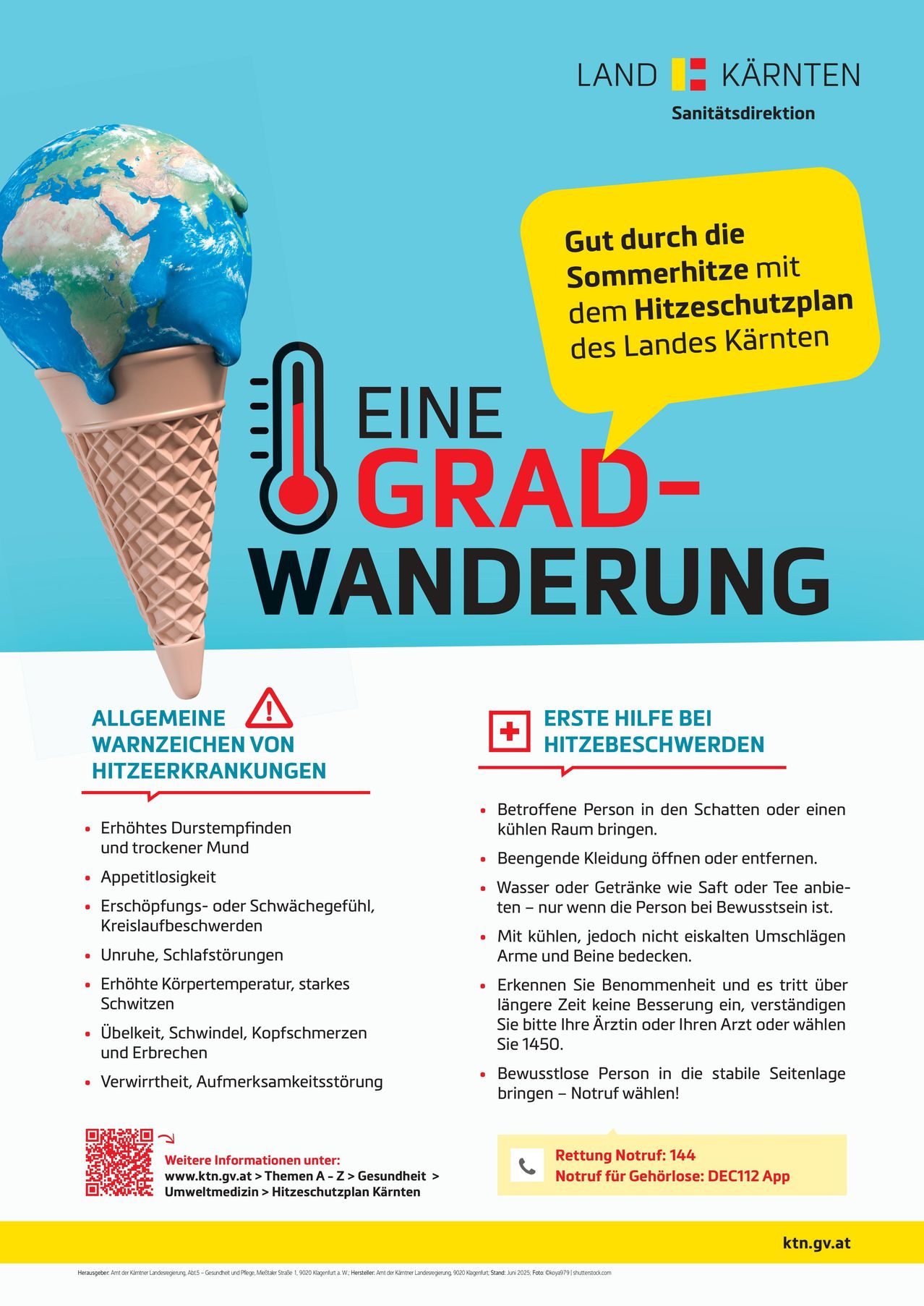 Ein Eisbecher mit einem Thermometer und dem Text 'Eine Grad-Wanderung' auf blauem Hintergrund. Der Eisbecher schmilzt und symbolisiert die Hitze. Links sind Symptome von Hitzschlag aufgelistet, rechts werden Erste-Hilfe-Tipps gegeben.