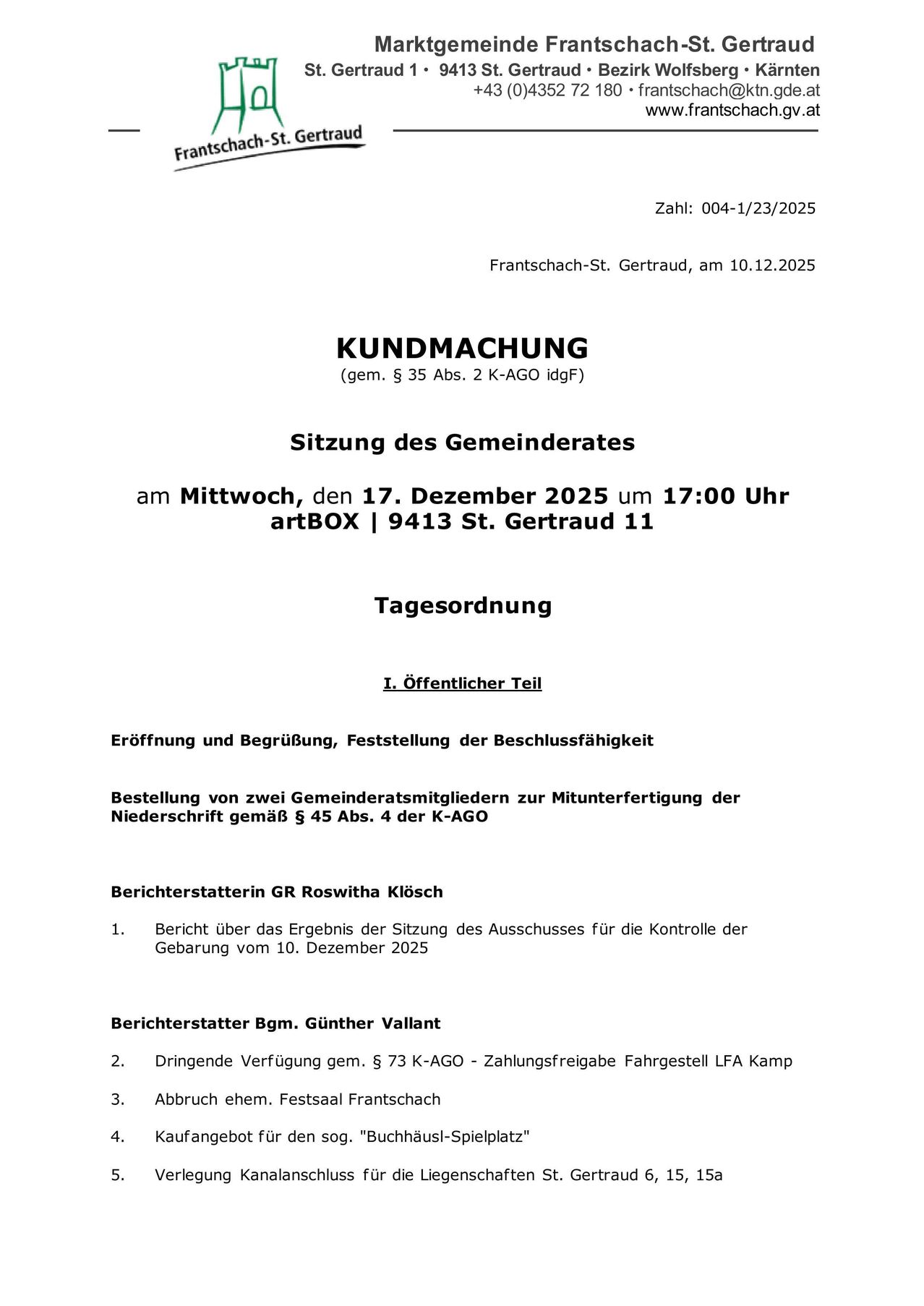 Ein Bild zeigt ein offizielles Dokument mit dem Titel 'KUNDMACHNUNG' vom 04-1/23/2025. Das Dokument beschreibt eine Sitzung des Gemeinderats, geplant für Mittwoch, den 17. Dezember 2025, um 17:00 Uhr. Es enthält eine Tagesordnung mit drei Punkten, wie das Ergebnis einer Sitzung und die sofortige Verfügbarkeit eines Führerscheins.