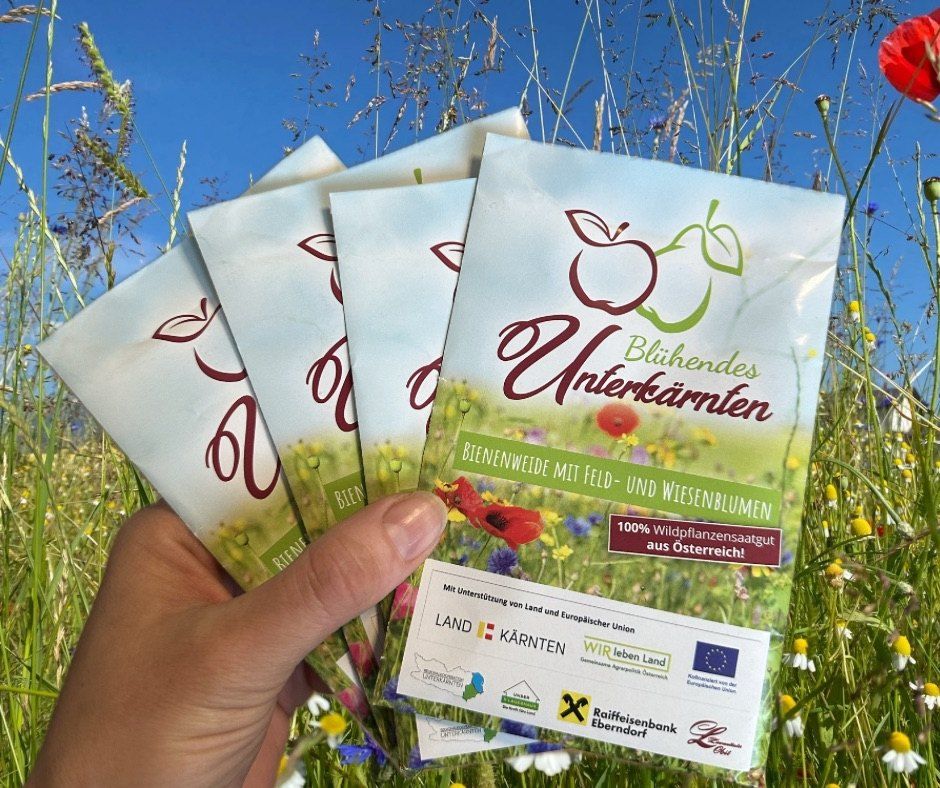 Hand, das vier Samenpakete mit der Aufschrift 'Blühende Unterhälmen' vor einem Hintergrund aus Wildblumen hält.