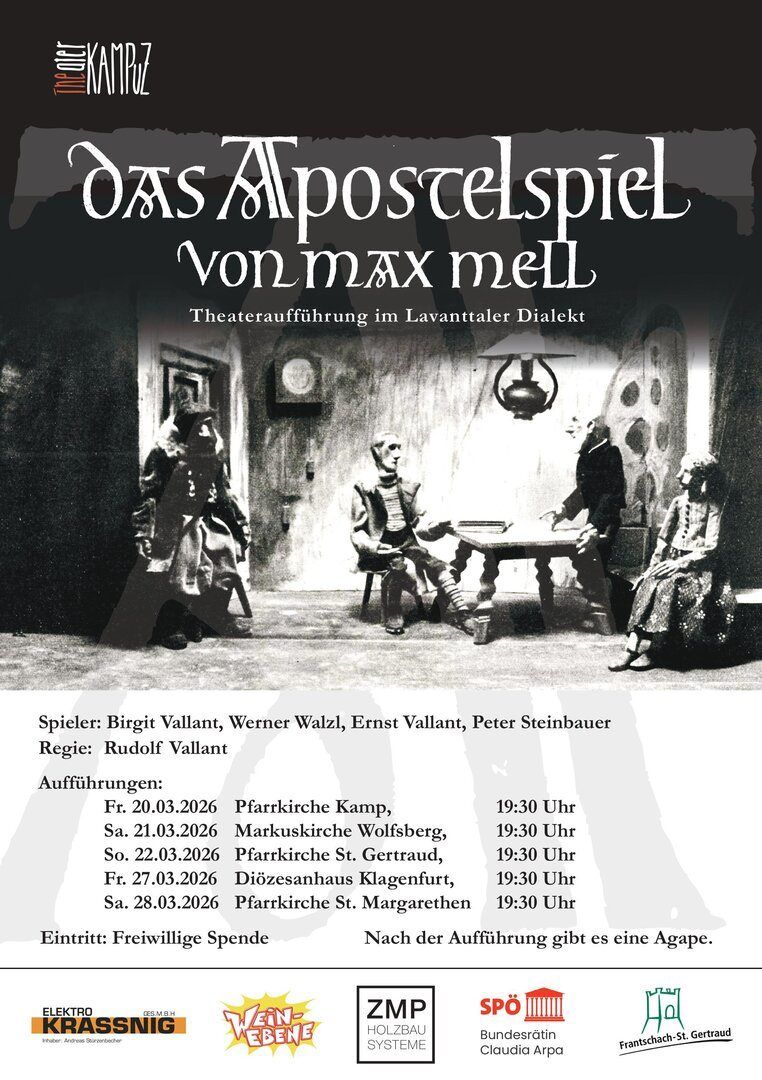 Schwarz-Weiß-Bild einer Theateraufführung mit dem Titel 'Das Apostolspiel von Max Mell.' Schauspieler sind in historischer Kleidung gekleidet, mit einem Regisseur im Hintergrund. Das Bild enthält einen Zeitplan für Aufführungen.