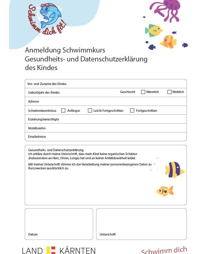 Ein Formular für die Anmeldung eines Schwimmkurses für Kinder umfasst Abschnitte für persönliche Angaben, Gesundheits- und Datenschutzerklärung sowie Einwilligung der Erziehungsberechtigten. Das Formular hat ein fischthematisches Design.