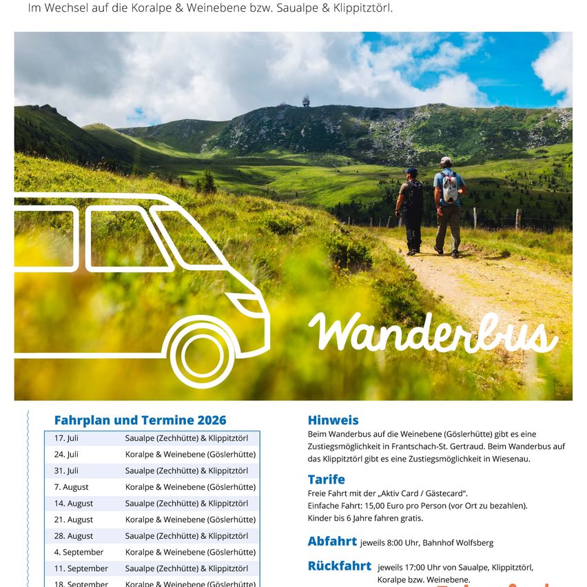 Ein Plakat für einen Wanderbus-Service im Jahr 2026, das eine Berglandschaft mit zwei Wanderern auf einem Pfad zeigt. Das Plakat enthält einen Fahrplan und Details zum Service.