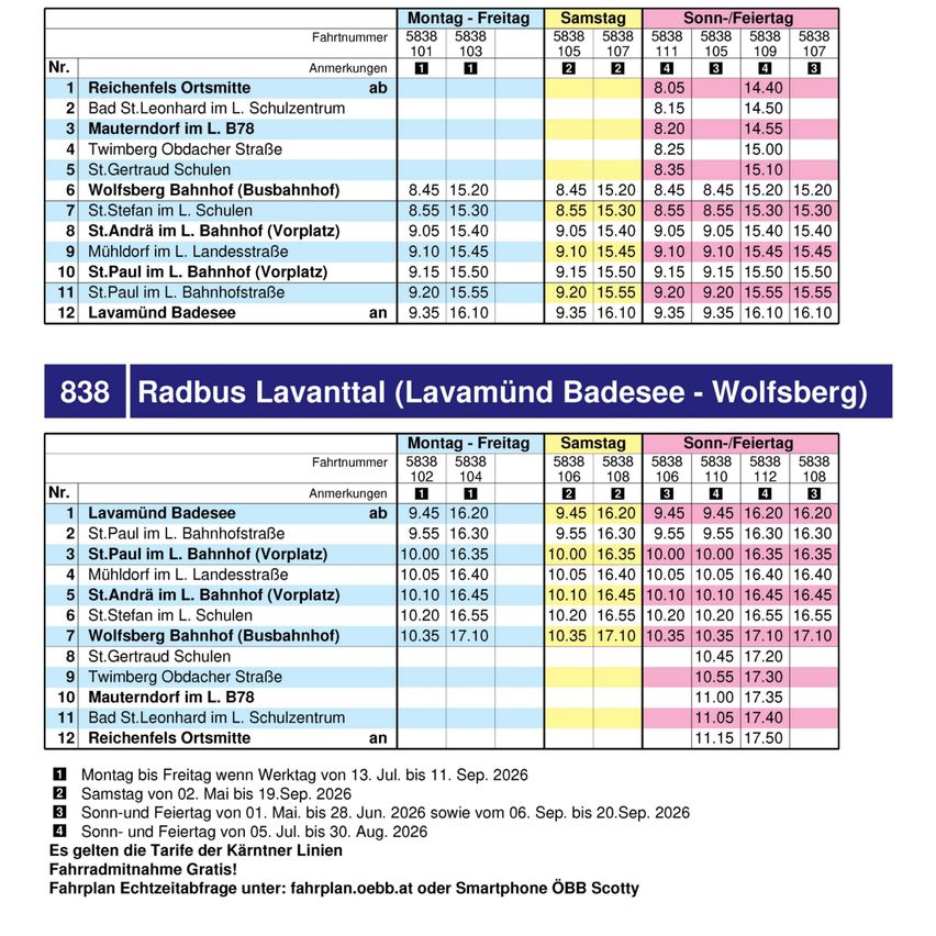 Eine Tabelle mit Busfahrplänen für verschiedene Orte in Lavamund, einschließlich Zeiten für Montag bis Freitag, Samstag und Sonntag/Feiertage. Die Tabelle listet die Busnummern, Abfahrtszeiten und Ankunftszeiten auf.