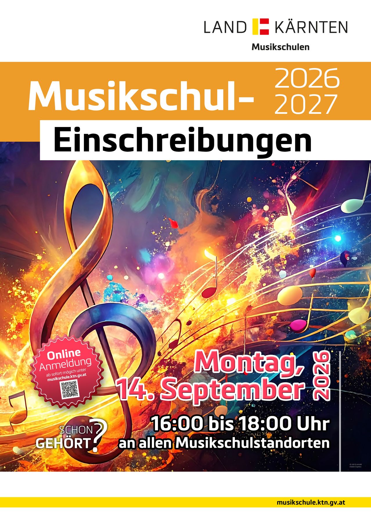 Plakat für Musikschul-Einschreibungen 2026-2027 mit goldenem Violinschlüssel, farbenfrohen Noten und QR-Code für Online-Anmeldung. Die Veranstaltung findet am Montag, 14. September 2026, von 16:00 bis 18:00 Uhr an allen Musikschulstandorten statt.