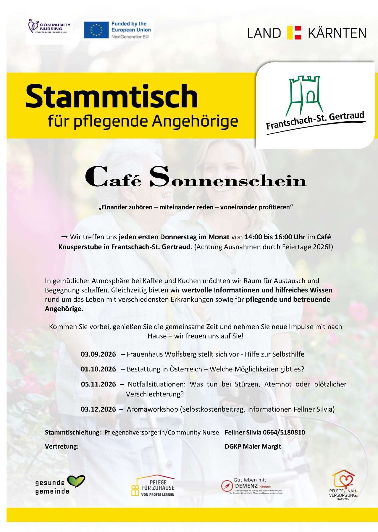Plakat für Stammtisch für pflegende Angehörige, mit einer Frau mit freundlichem Gesichtsausdruck, einem Schlosslogo und Text über Treffen im Cafe Sonnenschein in Frantschach-St. Gertrude.