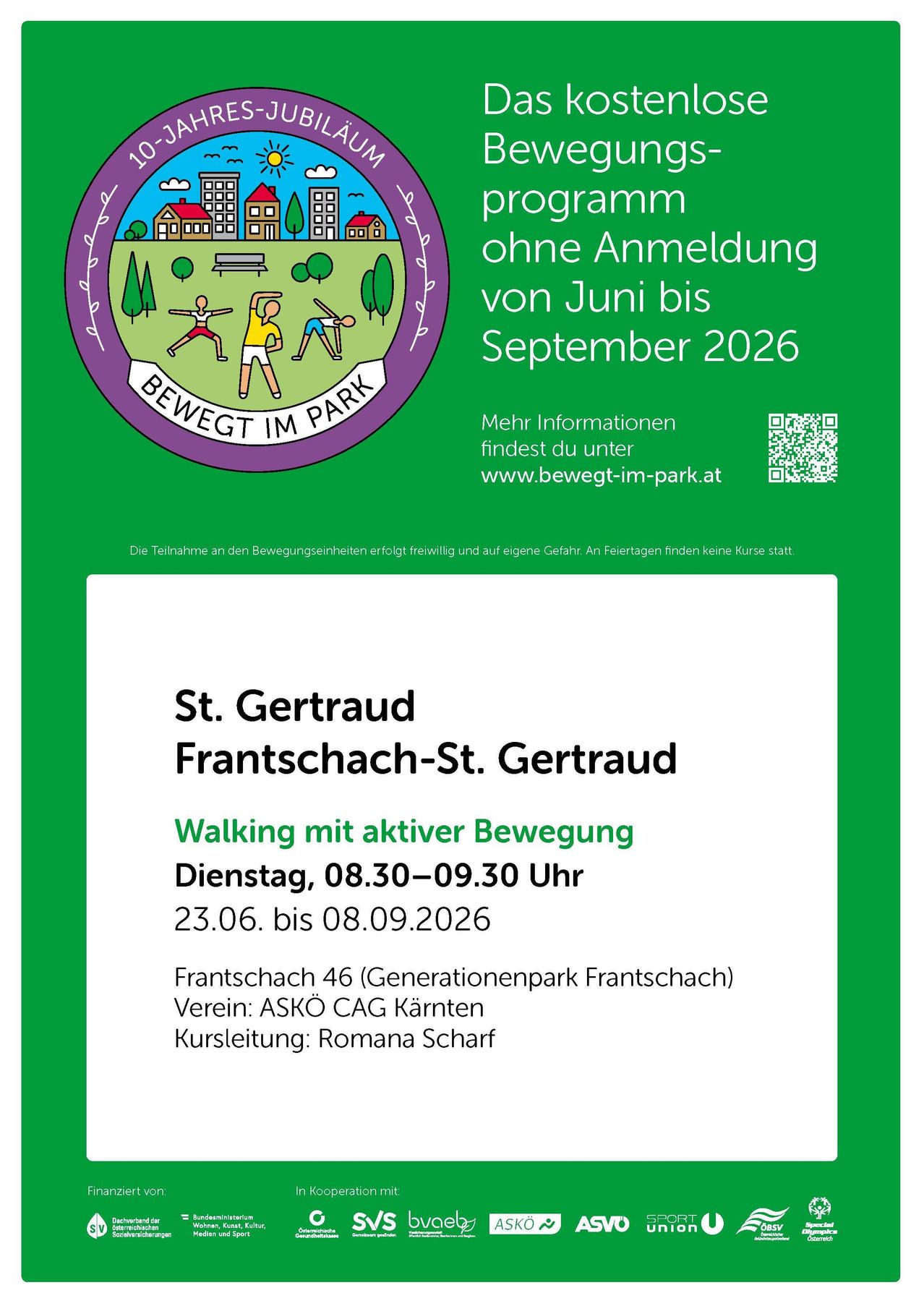 Walking mit aktiver Bewegung bei St. Gertrude in Frantschach. Dienstags, 08.30–09.30 Uhr. Vom 23.06. bis 08.09.2026. Ort: Frantschach 46 (Generationenpark Frantschach).