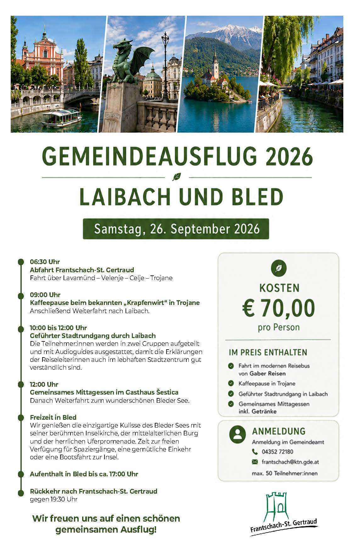 Plakat für die Gemeindeexkursion 2026 nach Laibach und Bled am 26. September. Beinhaltet Kaffeepause, Stadtrundgang, Mittagessen und Freizeit. Kosten 70 Euro.