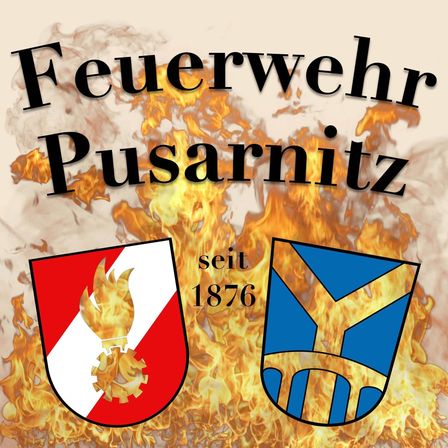 Feuerwehrwappen mit Flammen, Zahnrad und blauem Schild. Gegründet 1876.