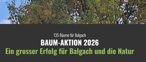 Ein Plakat mit einem Baum im Hintergrund und Text, der 'BAUM-AKTION 2026' und '135 Bäume für Balgach' lautet. Der Baum hat grüne und braune Blätter.