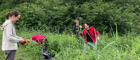 Drei Personen sind draußen und räumen einen Grasbereich auf. Eine Person ist gebeugt, eine andere steht mit einem Müllsack und die dritte hält etwas.