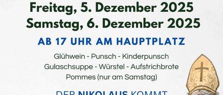 Ein Plakat für die Veranstaltung Gluhweinstand des OeKB Absodorf am 5. und 6. Dezember 2025. Die Veranstaltung beginnt um 17 Uhr auf dem Hauptplatz. Es gibt Glühwein, Punsch, Kinderpunsch, Suppe, Würste und Brot. Nur am Samstag gibt es Pommes. St. Nikolaus kommt am 6. Dezember um 17:30 Uhr. Melden Sie sich bis zum 2.12.2025 unter oekb.absodorf@gmail.com an.