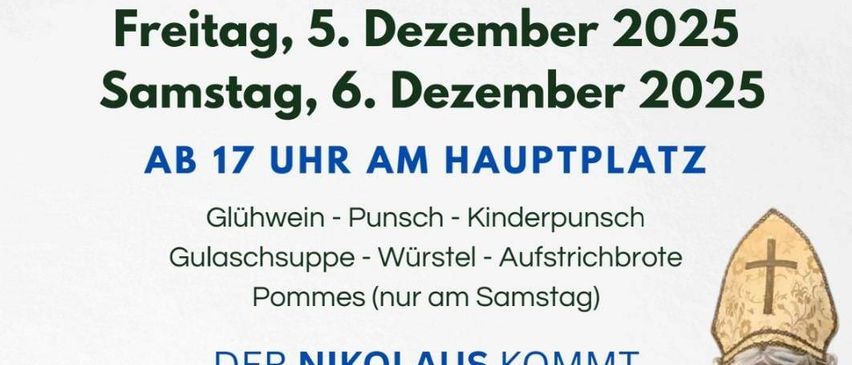 Ein Plakat für die Veranstaltung Gluhweinstand des OeKB Absodorf am 5. und 6. Dezember 2025. Die Veranstaltung beginnt um 17 Uhr auf dem Hauptplatz. Es gibt Glühwein, Punsch, Kinderpunsch, Suppe, Würste und Brot. Nur am Samstag gibt es Pommes. St. Nikolaus kommt am 6. Dezember um 17:30 Uhr. Melden Sie sich bis zum 2.12.2025 unter oekb.absodorf@gmail.com an.