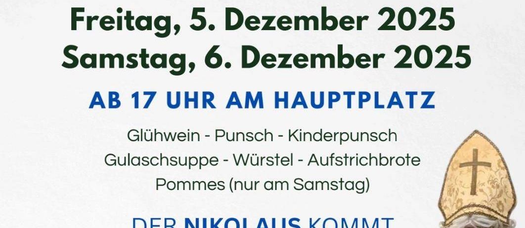 Ein Plakat für die Veranstaltung Gluhweinstand des OeKB Absodorf am 5. und 6. Dezember 2025. Die Veranstaltung beginnt um 17 Uhr auf dem Hauptplatz. Es gibt Glühwein, Punsch, Kinderpunsch, Suppe, Würste und Brot. Nur am Samstag gibt es Pommes. St. Nikolaus kommt am 6. Dezember um 17:30 Uhr. Melden Sie sich bis zum 2.12.2025 unter oekb.absodorf@gmail.com an.
