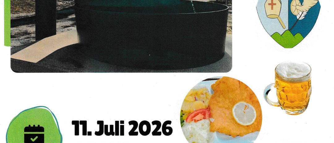 Plakat für das Brunnenfest in Absberg. Datum: 11. Juli 2026, Beginn um 16:00 Uhr. Zeigt einen Brunnen, Essen und Getränke.