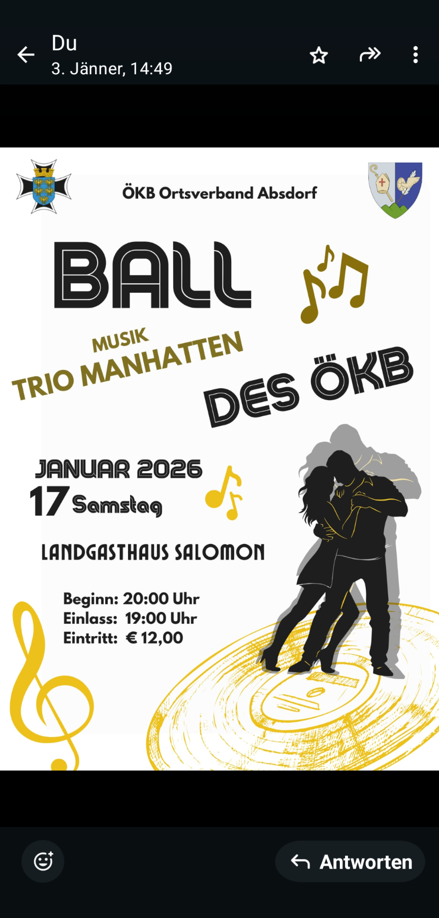 Poster for a dance event featuring Trio Manhattan, with an illustration of a couple dancing. Date: January 17, 2026. Time: 8 PM start, 7 PM entry. Venue: Landgasthaus Salomon. Entrance fee: 12 euros.
