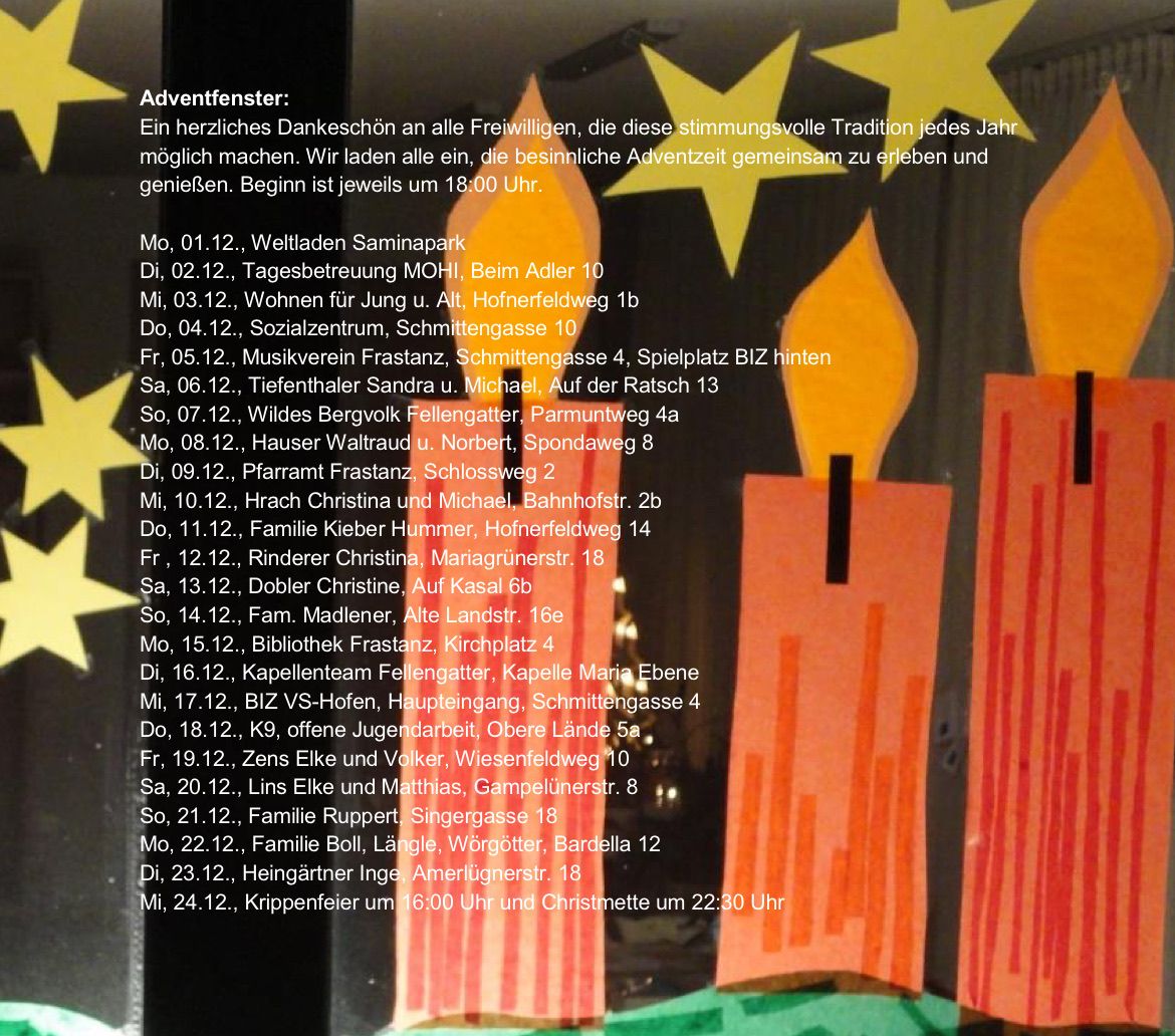 Ein herzliches Dankeschön an alle Freiwilligen, die diese stimmungsvolle Tradition jedes Jahr möglich machen. Wir laden alle ein, die besinnliche Adventszeit gemeinsam zu erleben und genießen. Beginn ist jeweils um 18:00 Uhr.