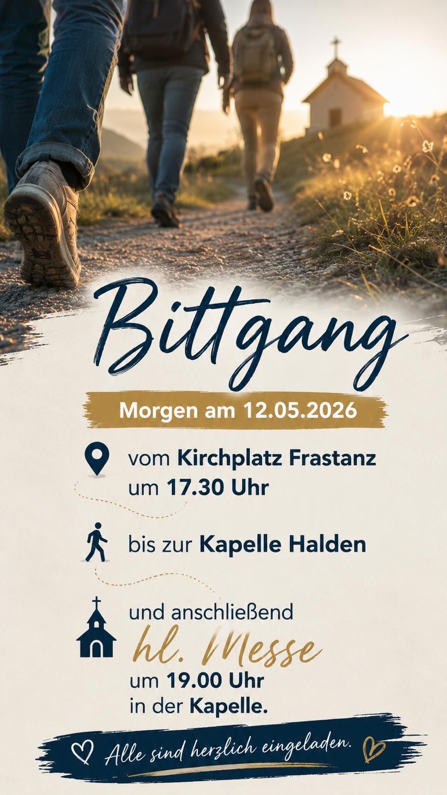 A poster for a prayer walk starting at 5:30 PM on May 12, 2026, from the church square in Frastanz to the chapel in Halden.