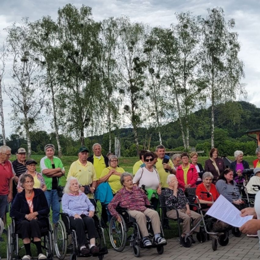 A group of elderly people, some in wheelchairs, gather in a park with trees and mountains in the background. They are listening to a speech.