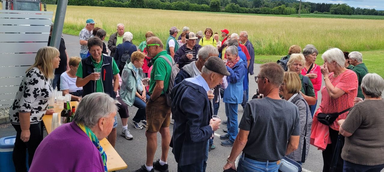 A group of elderly people are standing and conversing outdoors. Some are holding drinks. The setting is near a field with tall grass.