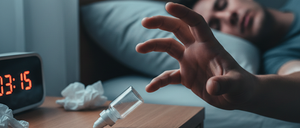 Ein Mann schläft auf einem Bett mit einem digitalen Wecker und Taschentüchern auf einem Nachttisch.