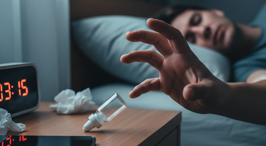 Ein Mann schläft auf einem Bett mit einem digitalen Wecker und Taschentüchern auf einem Nachttisch.