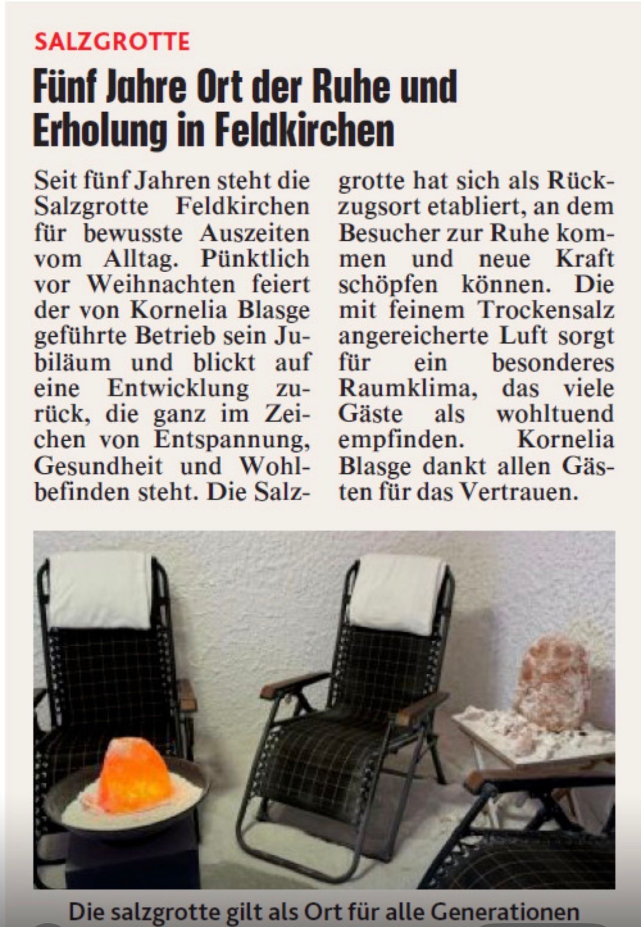 Ein Artikel über eine Salzgrotte in Feldkirchen, die seit fünf Jahren bewusste Auszeiten vom Alltag anbietet. Besonders beliebt ist sie um Weihnachten.