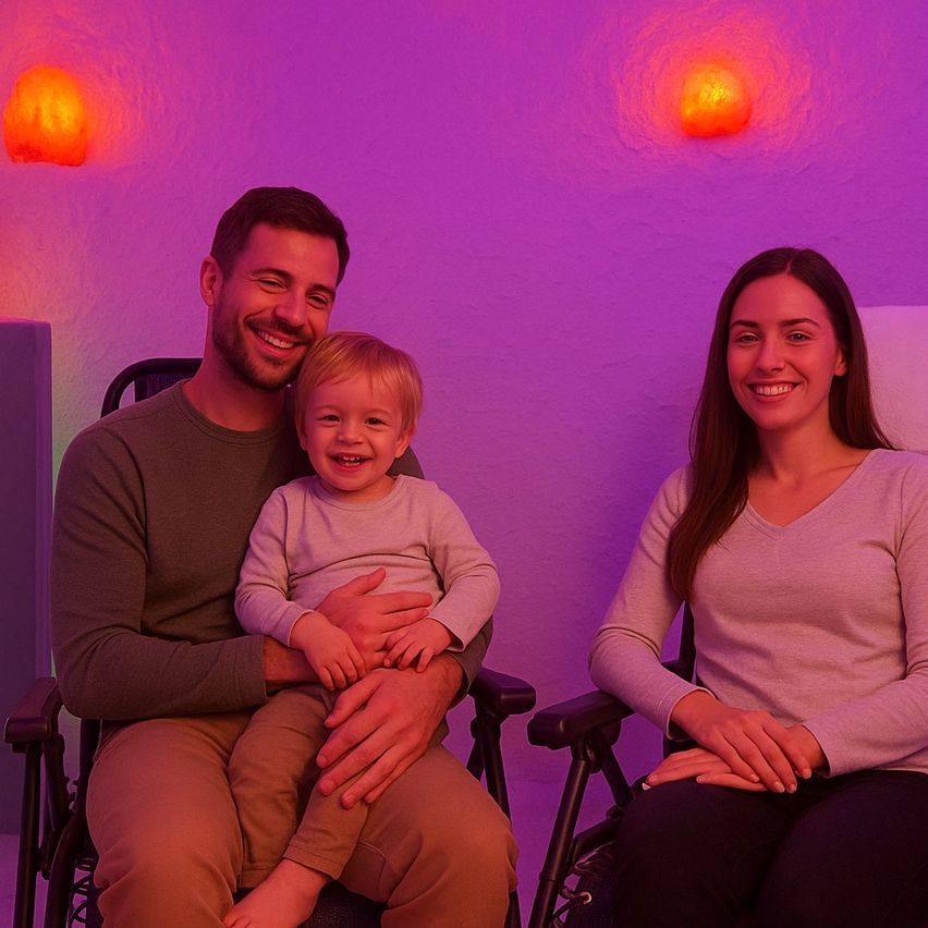 Eine Familie mit einem lächelnden Baby sitzt in einem Raum mit einer lilafarbenen Wandbeleuchtung. Der Mann hält das Kind und beide Eltern lächeln in die Kamera.