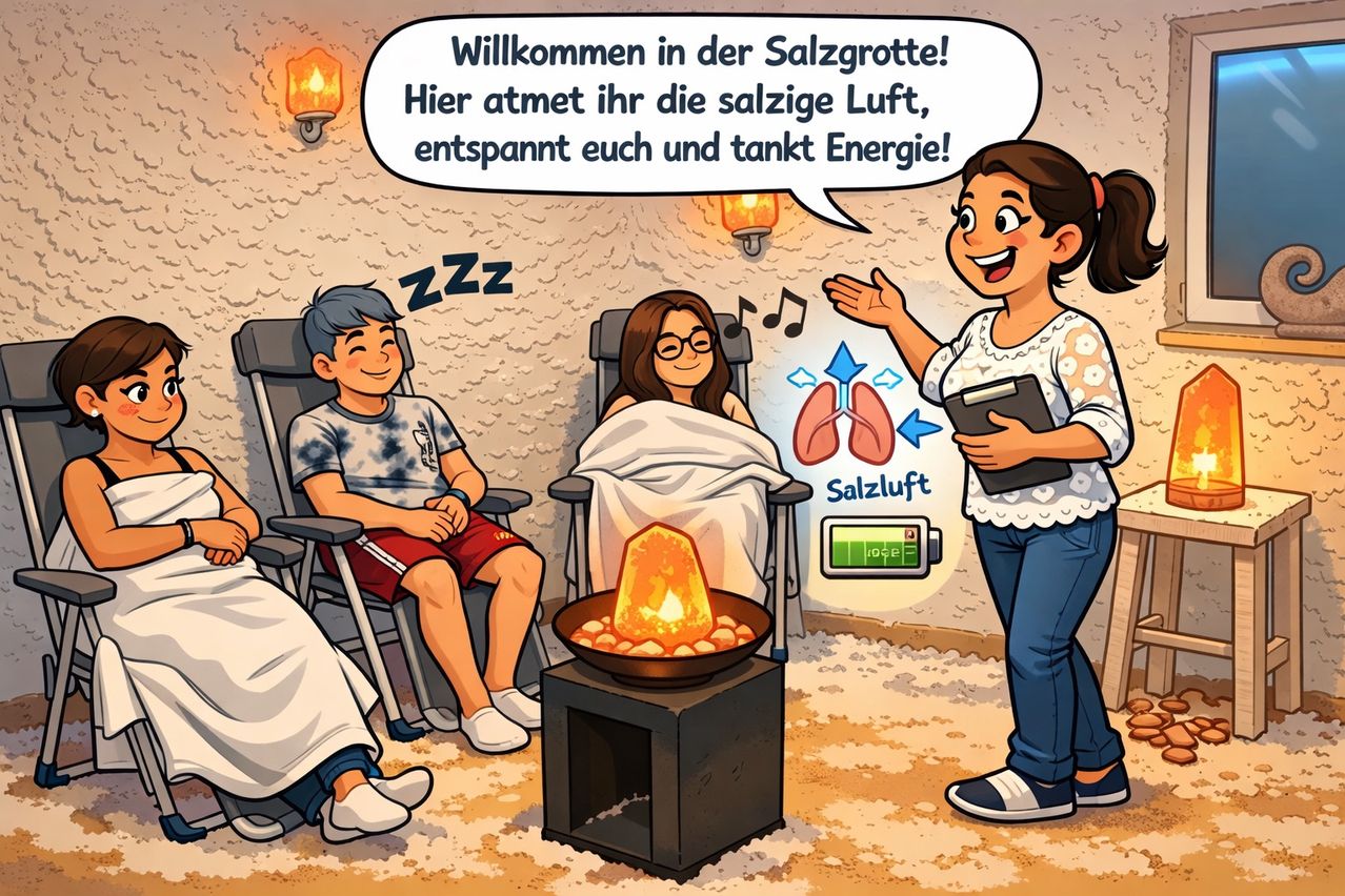 Cartoon depicting people sitting in a salt cave, breathing in salty air. A woman explains the benefits of salt air, with a lamp and battery symbols.