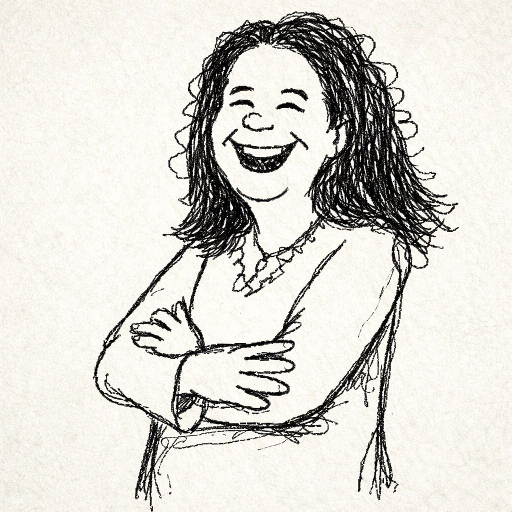 A sketch of a woman with curly hair, smiling and crossing her arms. She wears a necklace and has a joyful expression. The drawing is simple and has a light background.
