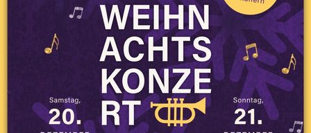 Ein Plakat für ein Weihnachtskonzert mit Trompete. Das Konzert findet am Samstag, den 20. Dezember um 20:00 Uhr und am Sonntag, den 21. Dezember um 17:00 Uhr statt. Christian Plank moderiert.