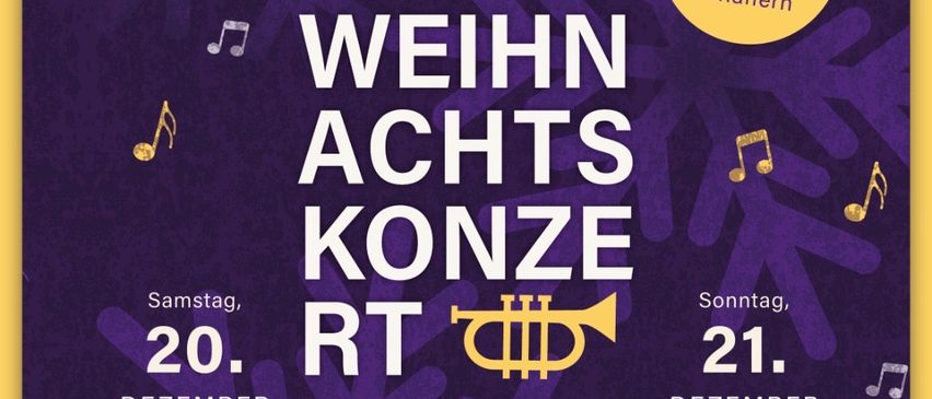 Ein Plakat für ein Weihnachtskonzert mit Trompete. Das Konzert findet am Samstag, den 20. Dezember um 20:00 Uhr und am Sonntag, den 21. Dezember um 17:00 Uhr statt. Christian Plank moderiert.