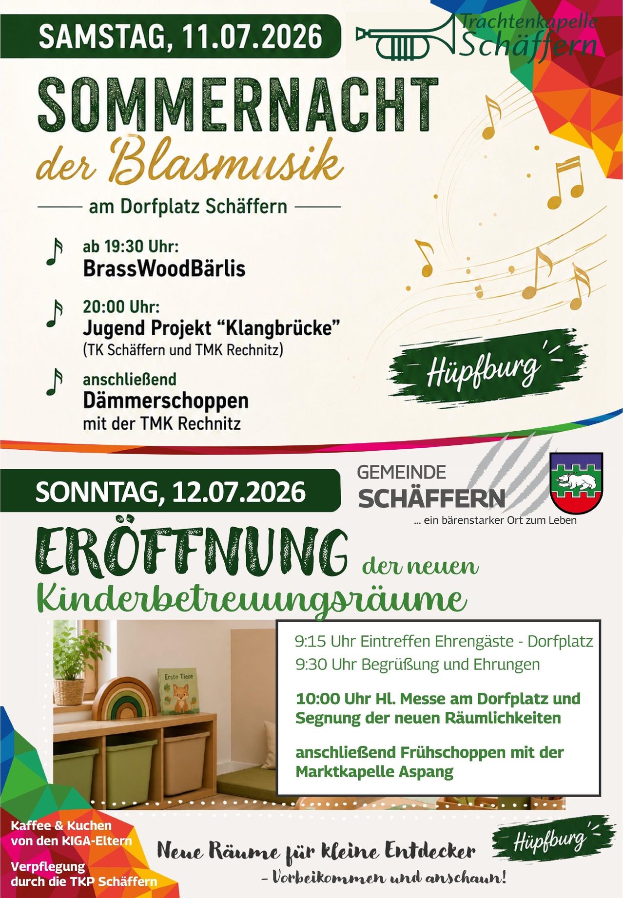 Flugblatt zur Eröffnung der neuen Kinderbetreuungsräume in Schäffern am 12.07.2026 um 9:15 Uhr mit BrassWoodBärlis und dem Jugendprojekt Klangbrücke.